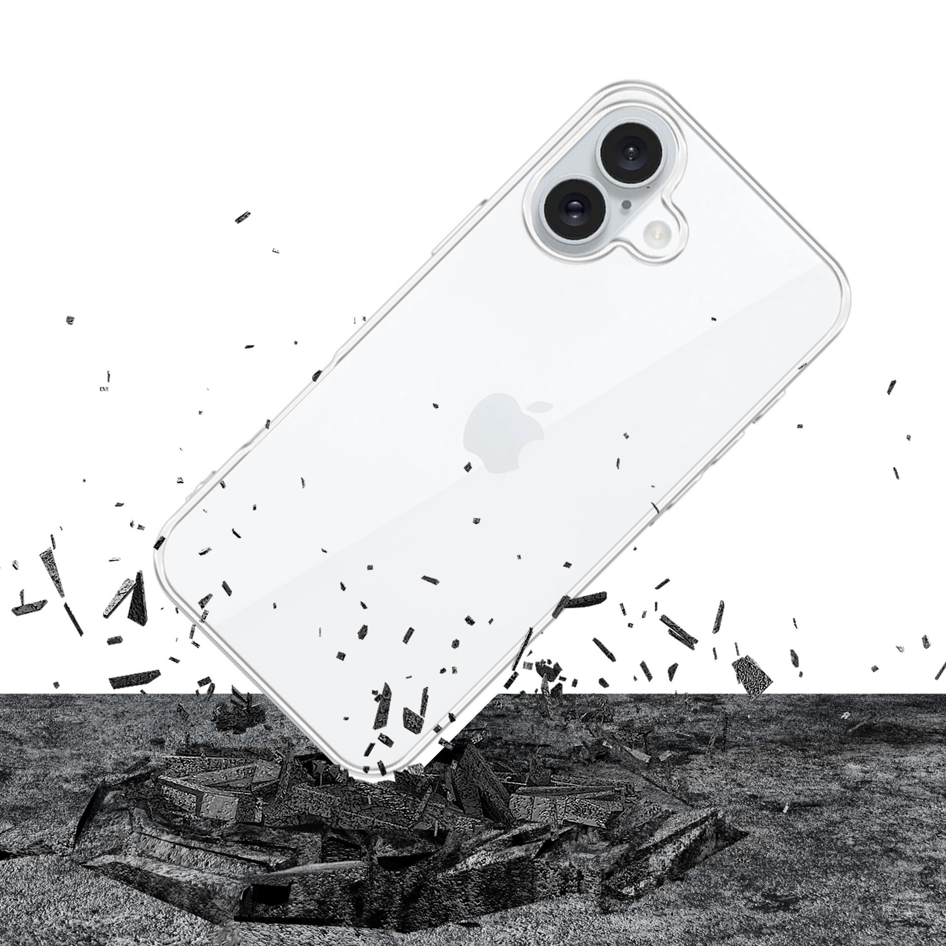 Un telefono bianco con una custodia trasparente cade su una superficie rotta. Il logo Apple è visibile.