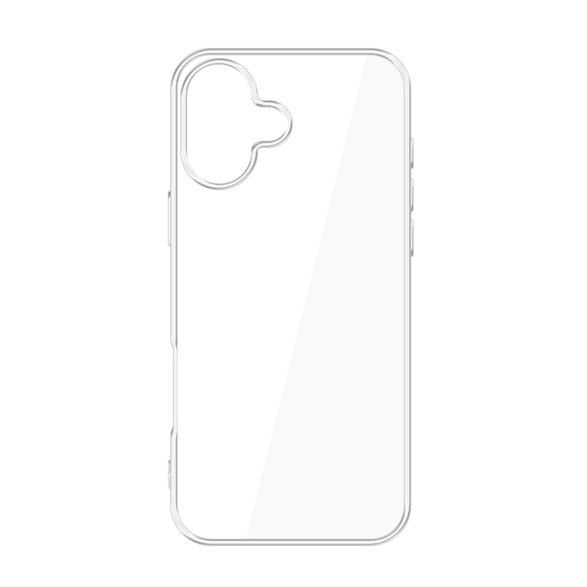 Una custodia trasparente per telefono. È trasparente e mostra la forma di un telefono. Ha un'apertura per la fotocamera.