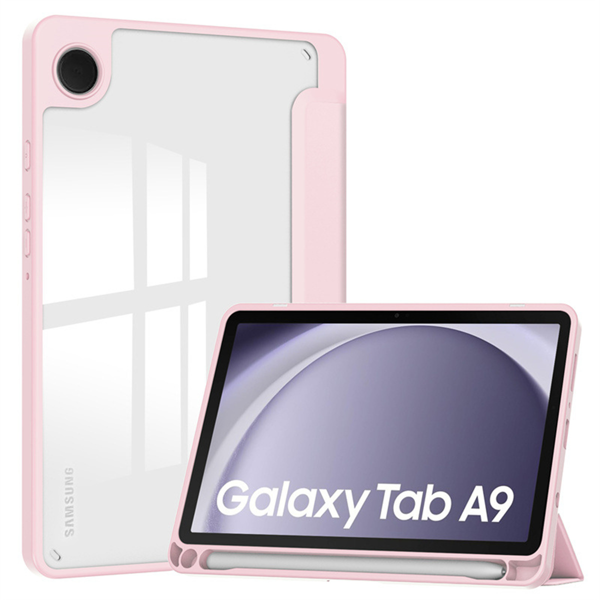 Rosa Tablethülle mit Tablet. Hülle hat transparenten Rücken und Ständer.