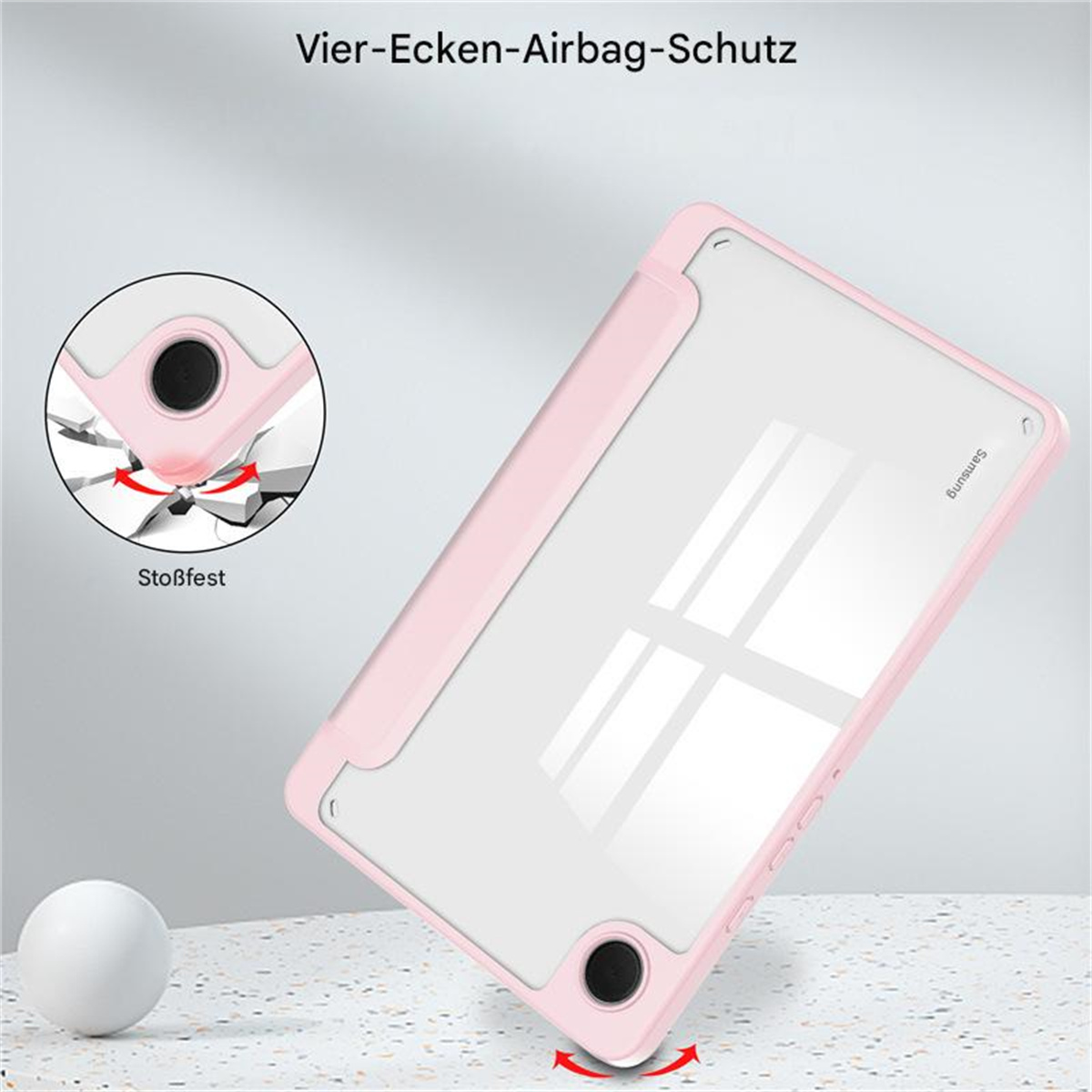 Rosa Tablethülle. Ein Tablet ist in der Hülle zu sehen. Die Hülle scheint stoßfest zu sein.