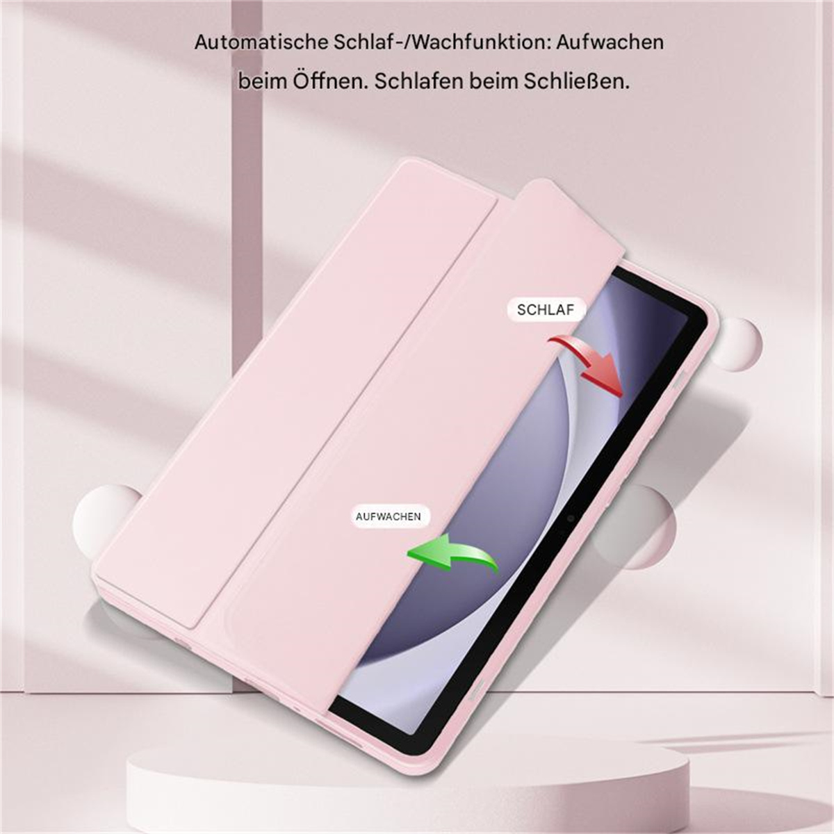 Rosa Tablethülle mit offenem Deckel, der den Tablet-Bildschirm zeigt. Pfeile veranschaulichen die Ein/Aus-Funktion.