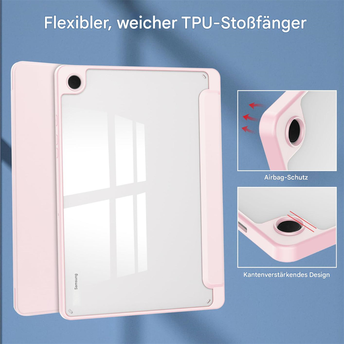 Rosa Tablethülle mit weißem Tablet. Nahaufnahmen der Hülle werden ebenfalls gezeigt.