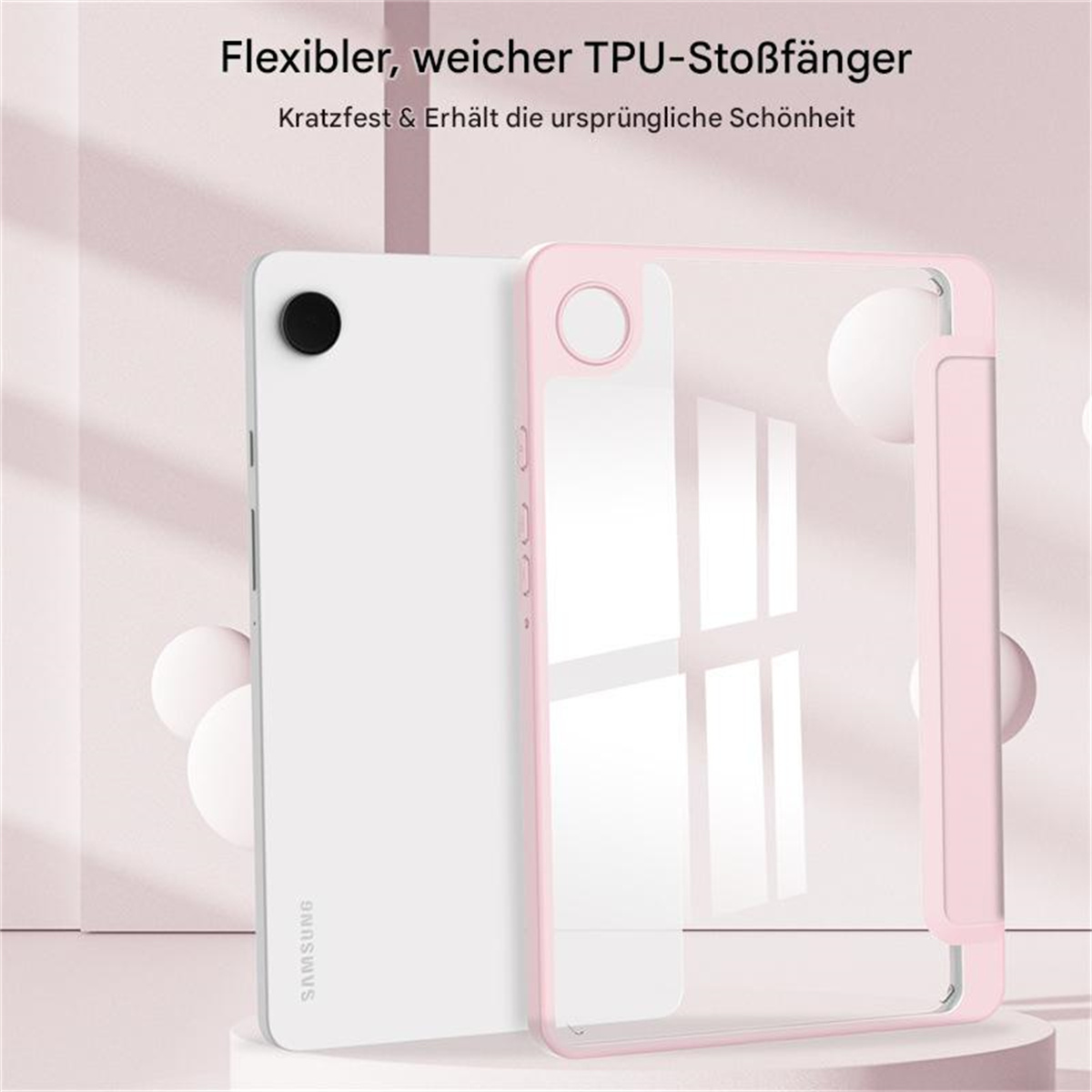 Rosa Tablethülle mit weißem Tablet. Die Tablethülle wird vor weißem Hintergrund gezeigt.