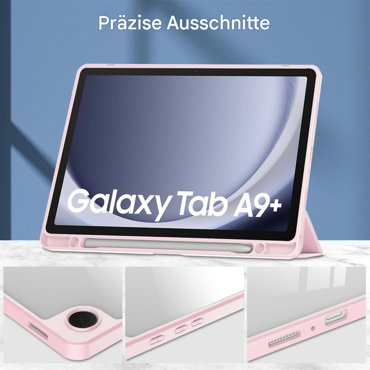 Rosa Tablethülle mit Tablet darin. Das Tablet zeigt den Bildschirm des Tablets.