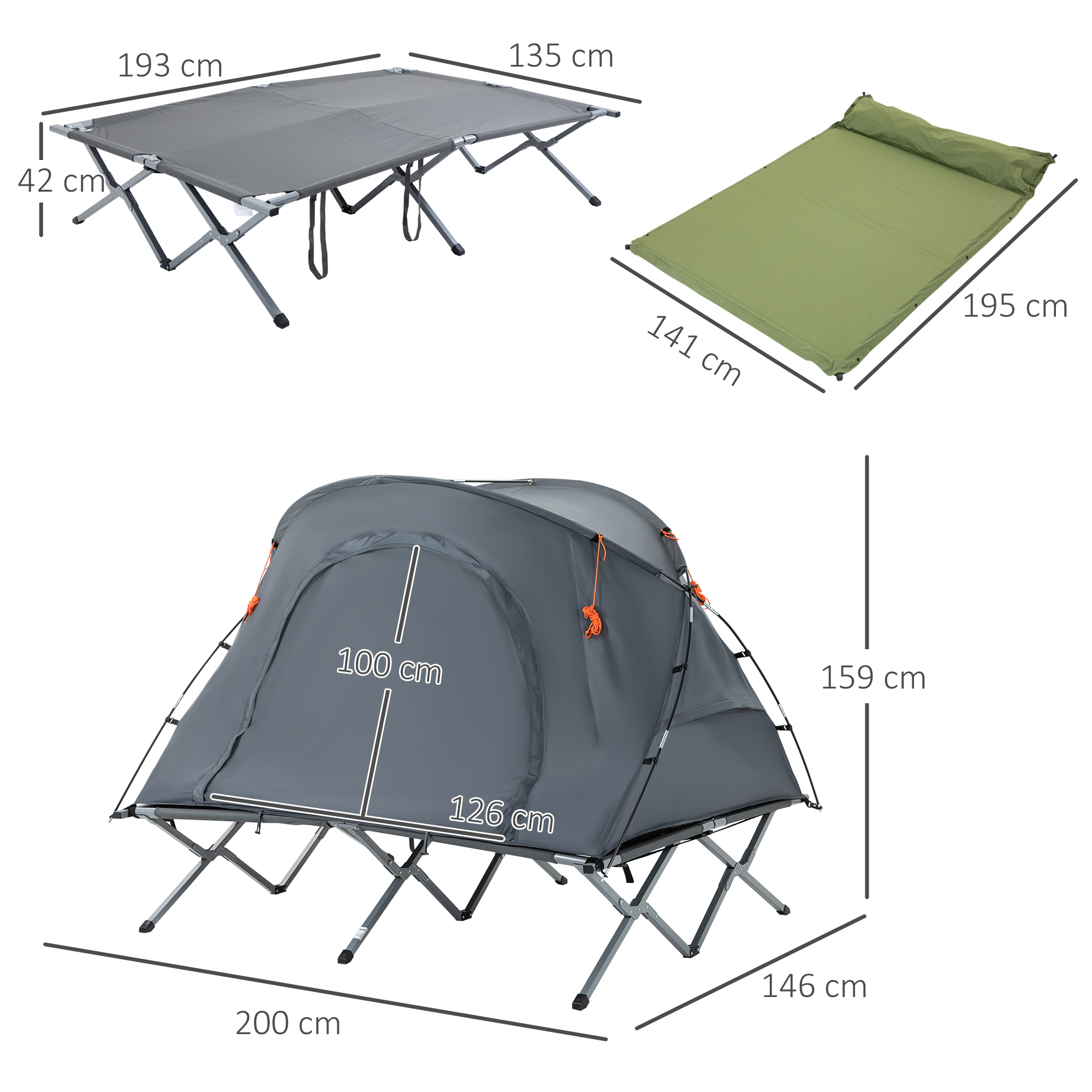 Ein Satz von Gegenständen: ein Zelt auf einem Klappbett, eine separate Schlafunterlage und ein Klappbettrahmen.