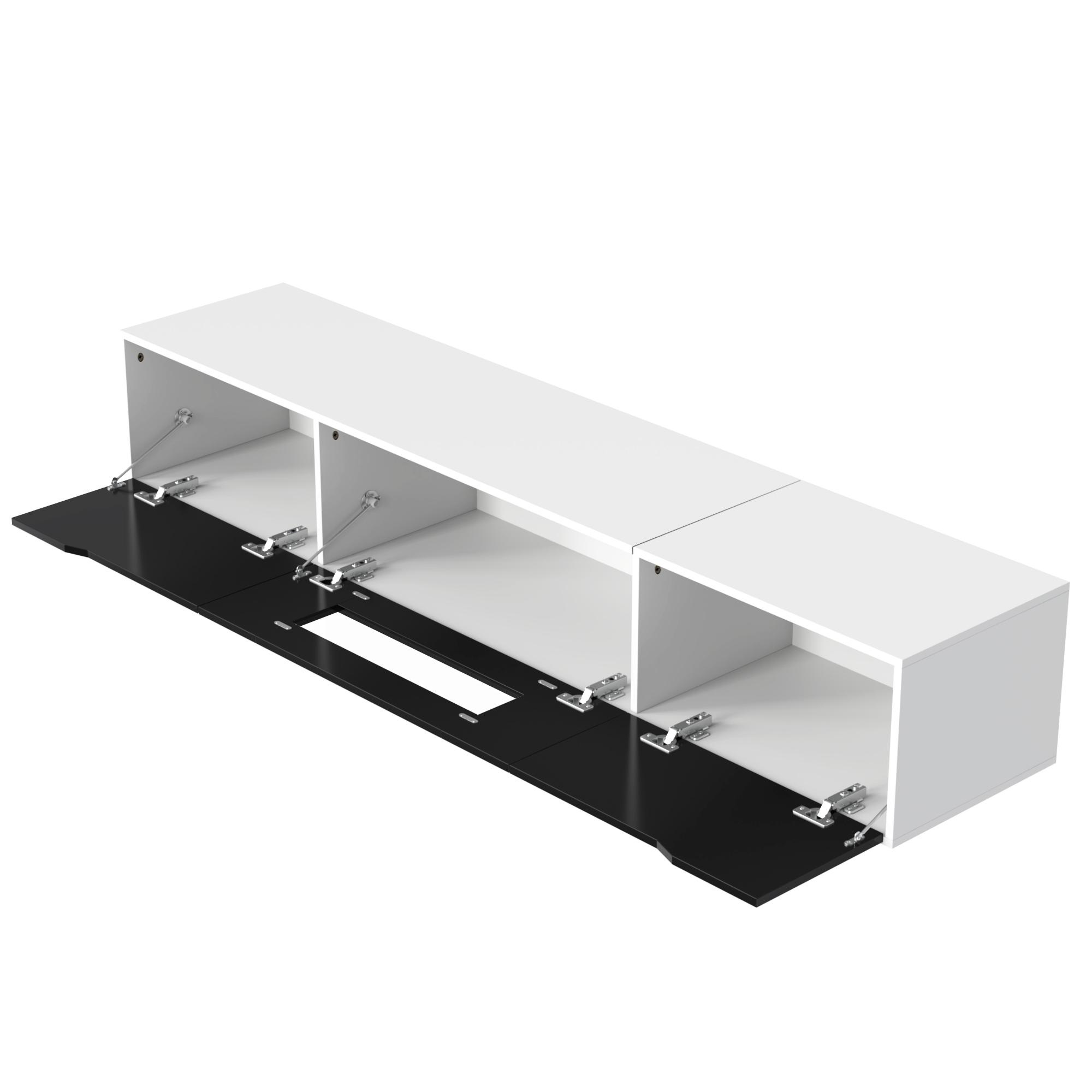 Ein weißer Schrank mit geöffneten schwarzen Türen, Schrägansicht, weißer Hintergrund.
