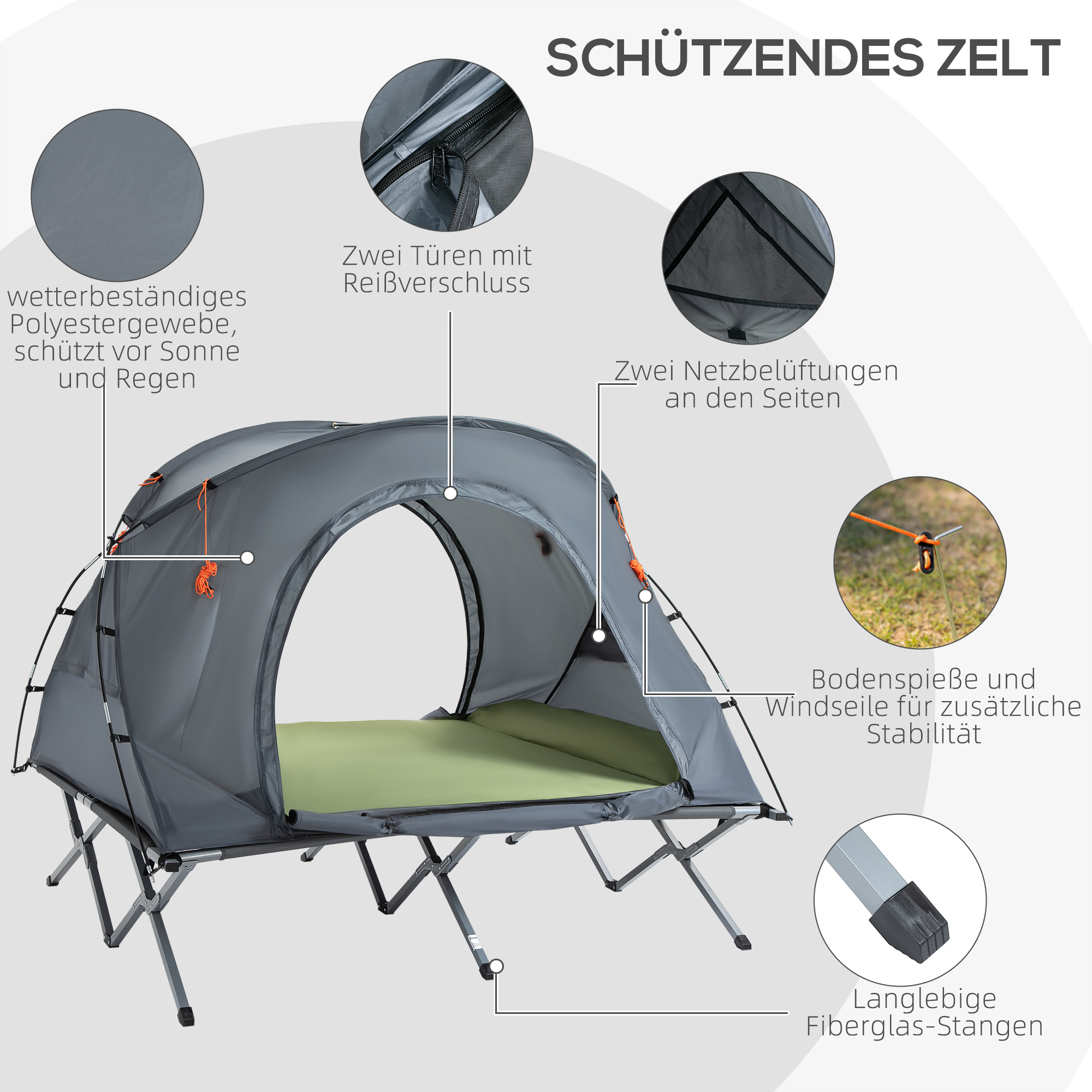 Ein graues Campingzelt mit grüner Matratze, unterstützt von einem Metallrahmen.