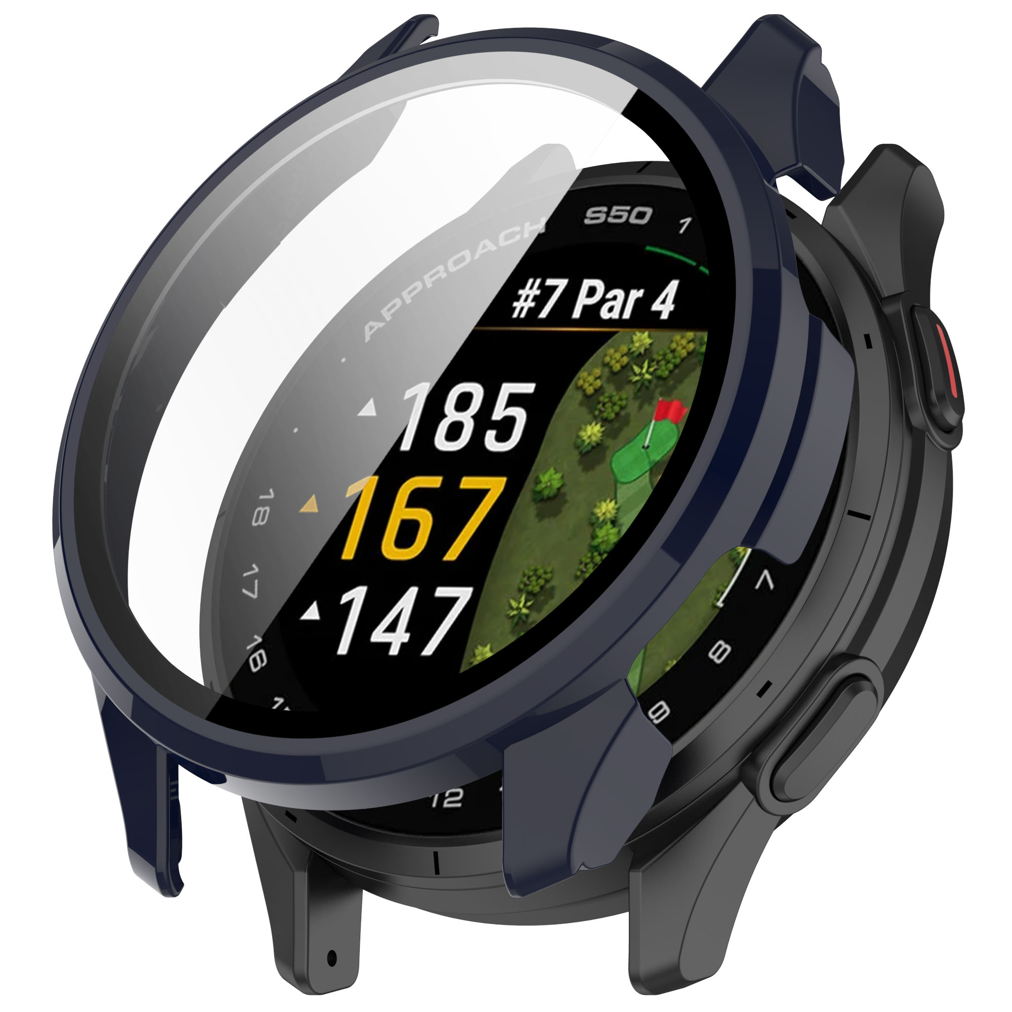 Un primo piano di uno smartwatch con protezione schermo, che mostra informazioni sul campo da golf.