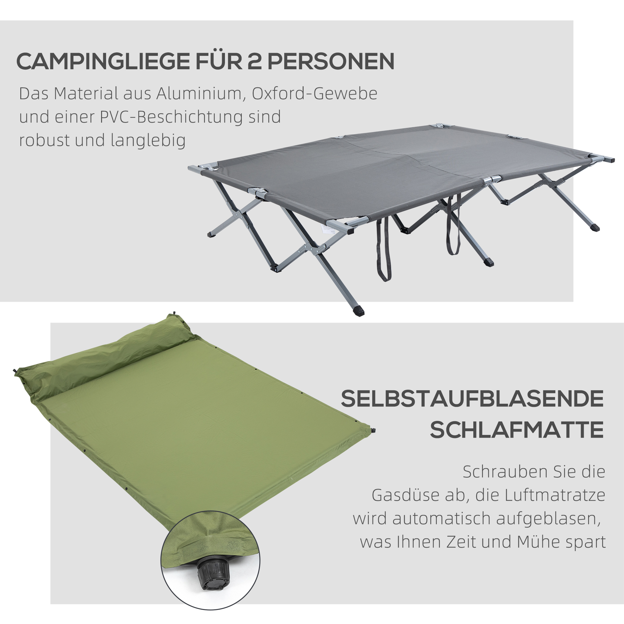 Ein Campingbett und eine grüne, selbstaufblasende Matratze mit deutschem Text.