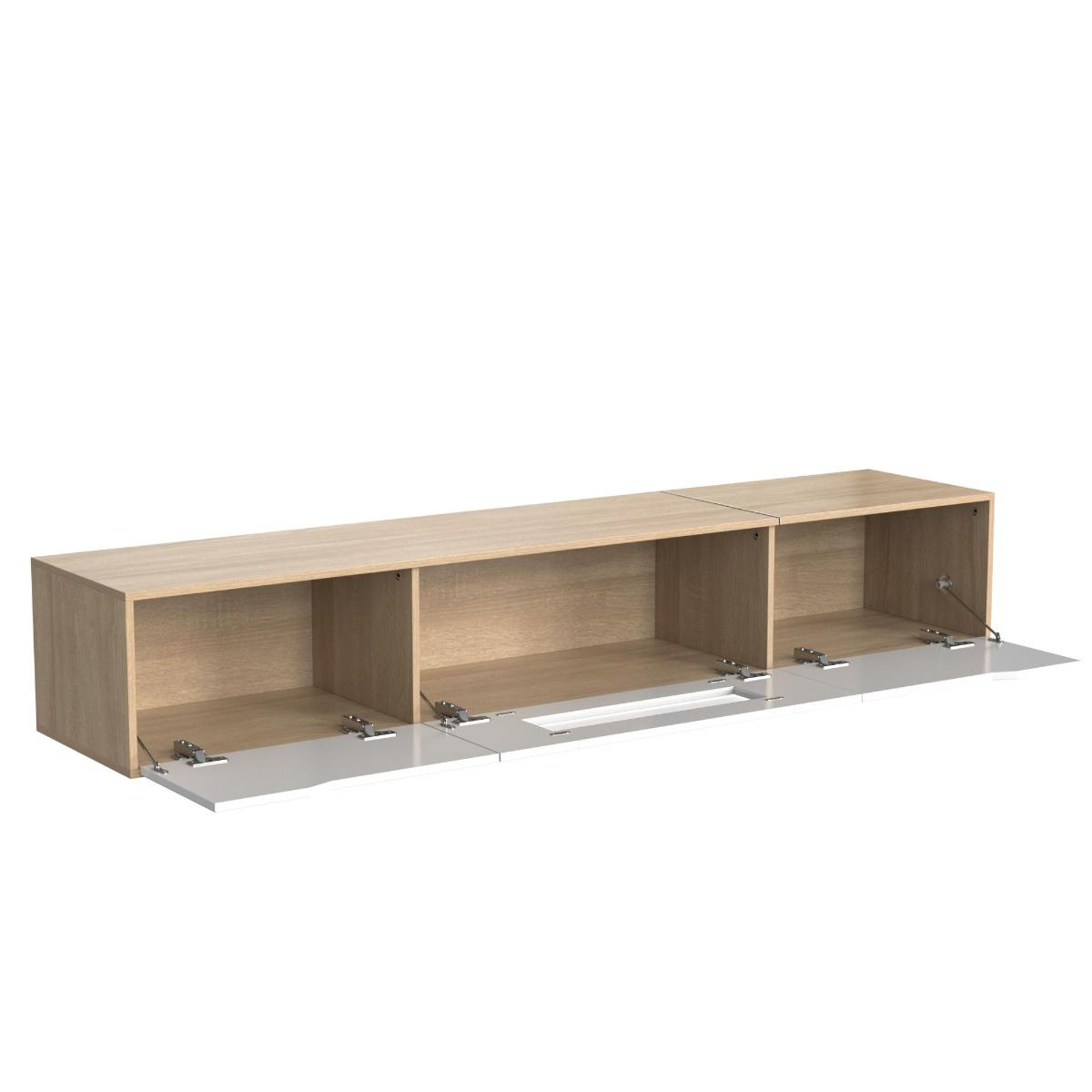 Holzschrank mit drei Fächern und offenen Türen. Weißer Hintergrund.