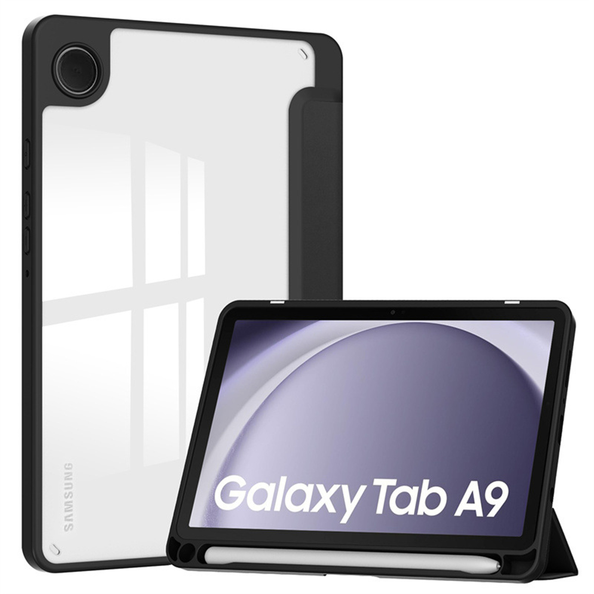 Zwei schwarze und transparente Samsung Tablet-Hüllen. Eine mit Tablet und Stift, die andere leer.