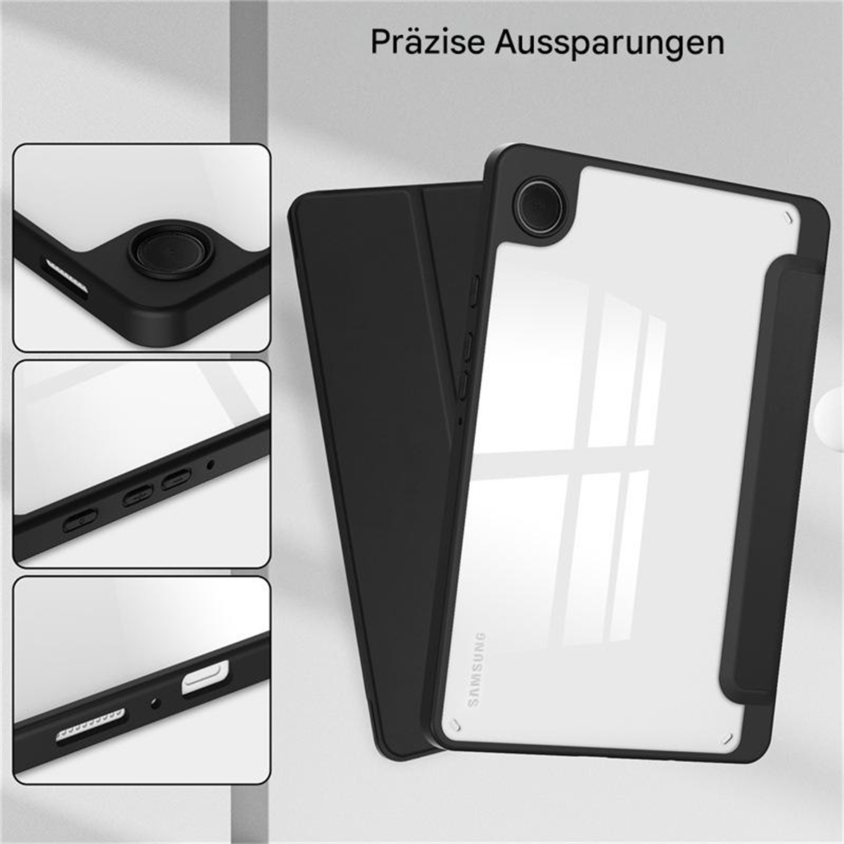 Nahaufnahme einer Samsung Tablet-Hülle mit drei Detailansichten, die präzise Aussparungen für ein Tablet zeigen.