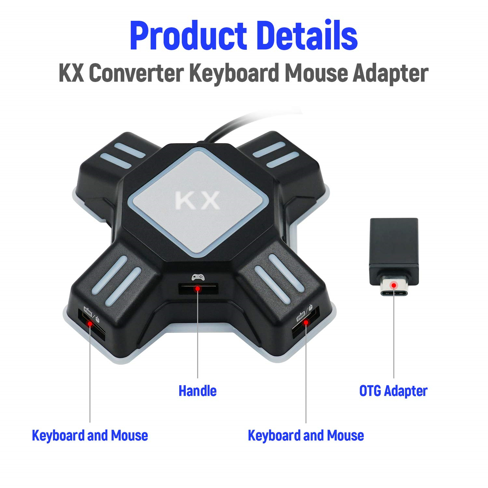 Produktdetails für einen KX Converter Keyboard Mouse Adapter. Zeigt Adapter, Tastatur-/Maus-Anschlüsse und einen Griff.