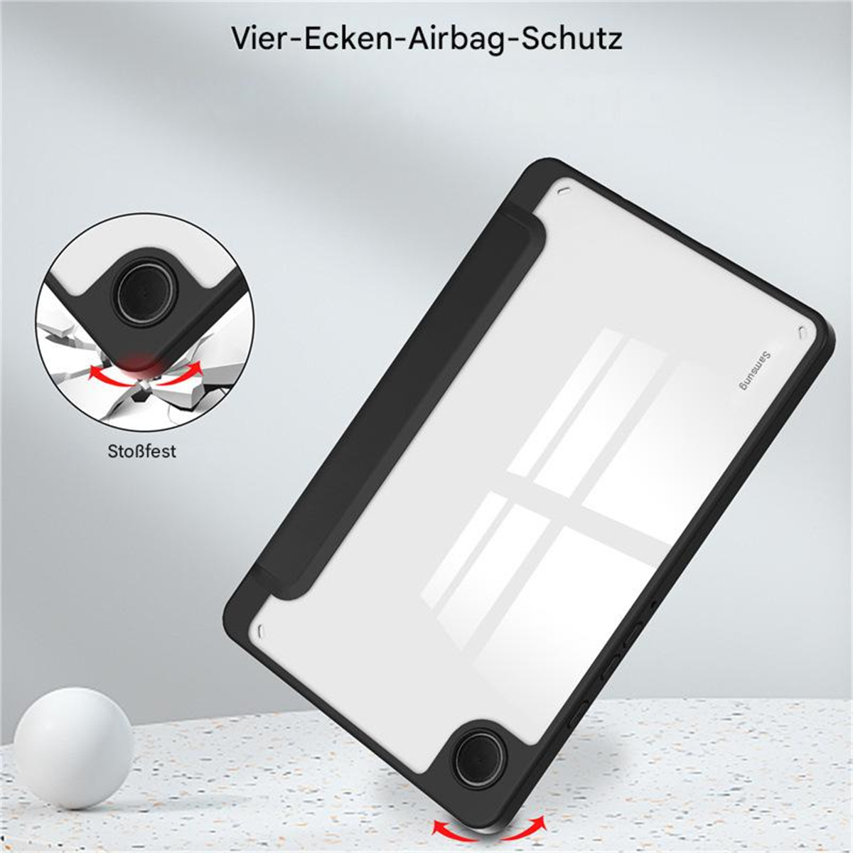 Tablet-Hülle mit schwarzem Rahmen und weißer Rückseite, Eckenschutz. Weiße Kugel links unten.