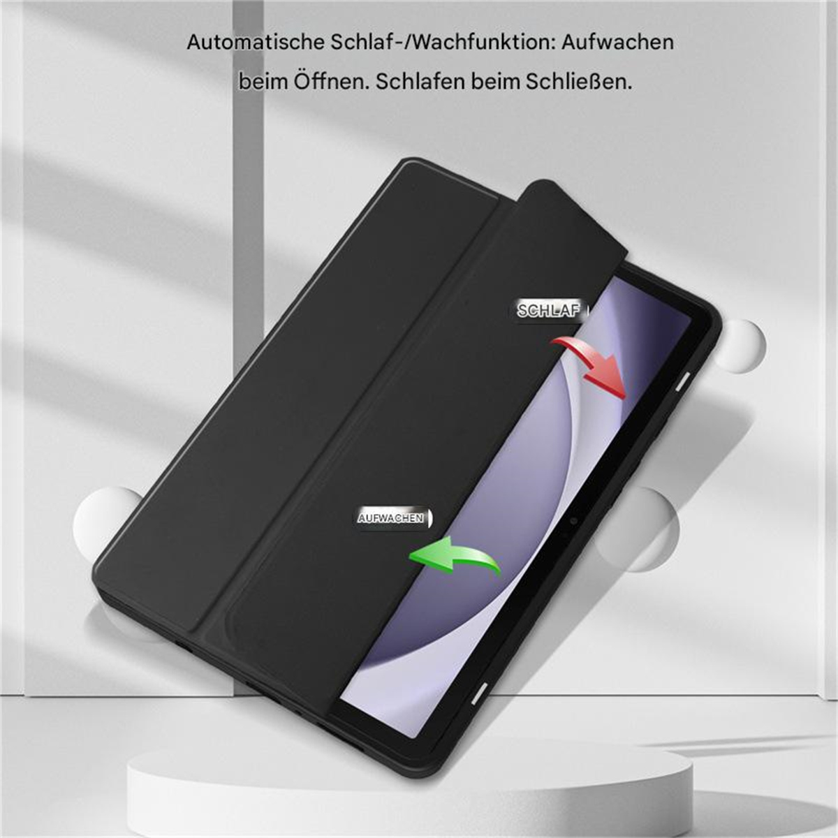 Schwarze Tablet-Hülle mit Klappdeckel. Grüner Pfeil zeigt 'Aufwachen', roter Pfeil 'Schlaf'.