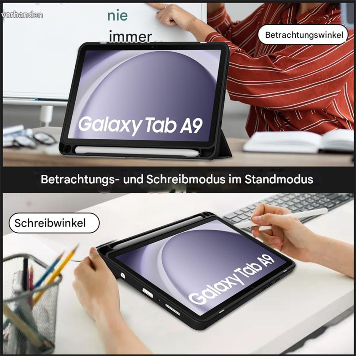 Zwei Bilder eines schwarzen Tablets in einer Hülle. Eines auf einem Schreibtisch, das andere von einer Person gehalten. Galaxy Tab A9.
