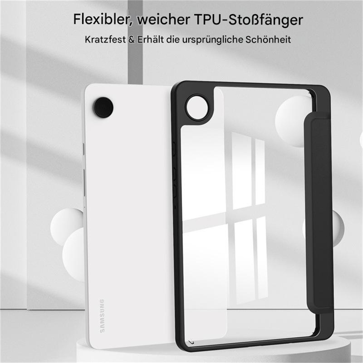 Weiße und transparente Tablet-Hülle. Transparente Hülle mit schwarzem Rahmen. Schwarze Tablet-Hülle mit weißer Rückseite.