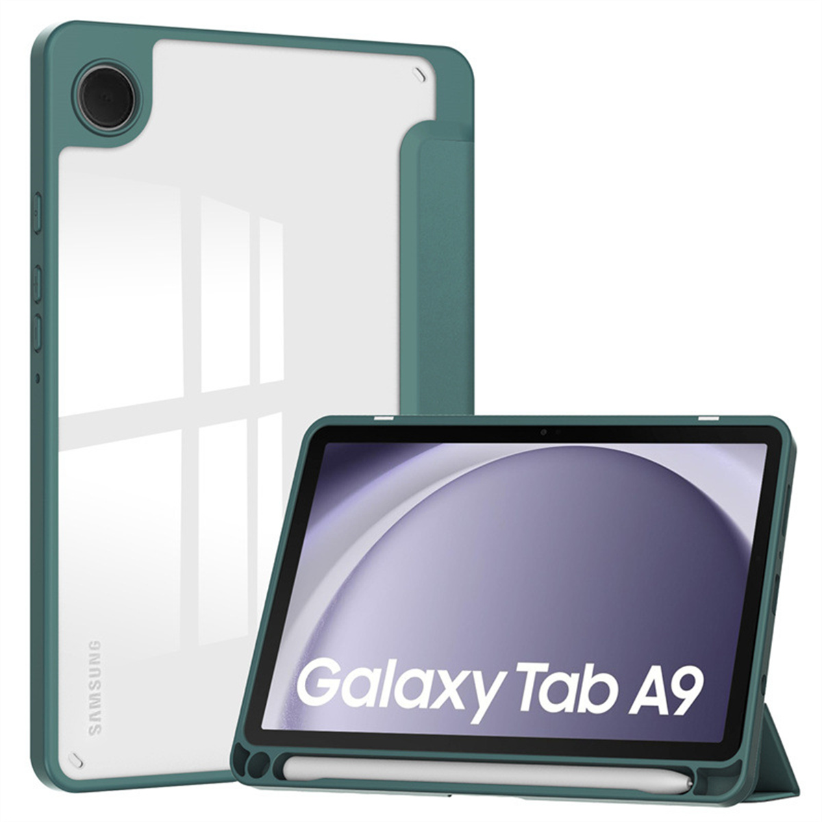Grüne Tablet-Hülle mit klarer Rückseite und grünem Rahmen. Die Hülle befindet sich auf weißem Hintergrund. Samsung Tablet.