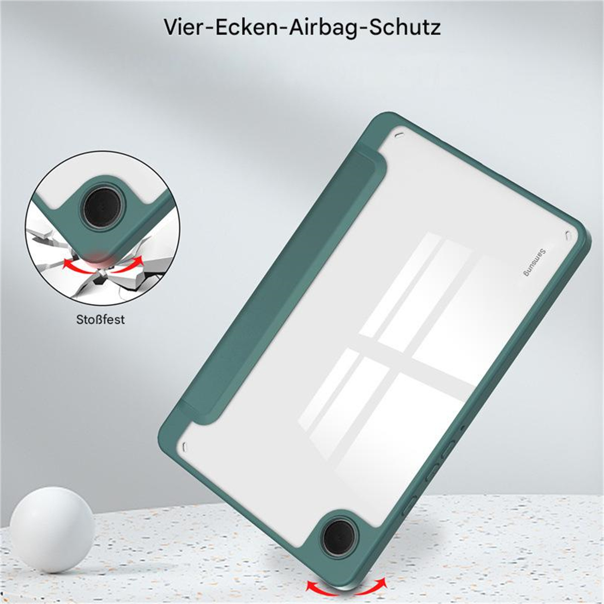 Grüne Tablet-Hülle mit schwarzem Rahmen und weißer Rückseite, Eckenschutz. Weiße Kugel links unten.
