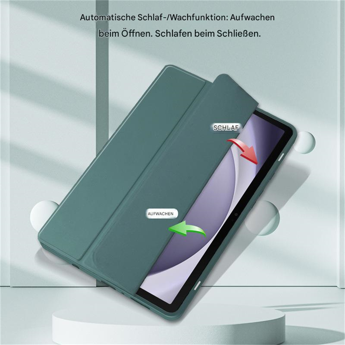 Grüne Tablet-Hülle mit Klappdeckel. Grüner Pfeil zeigt 'Aufwachen', roter Pfeil 'Schlaf'.