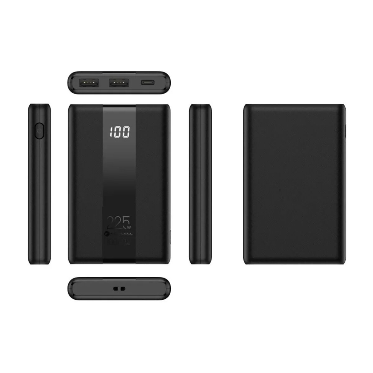 Schwarze Powerbank mit Digitalanzeige 100. Verschiedene Winkel des Geräts werden gezeigt.