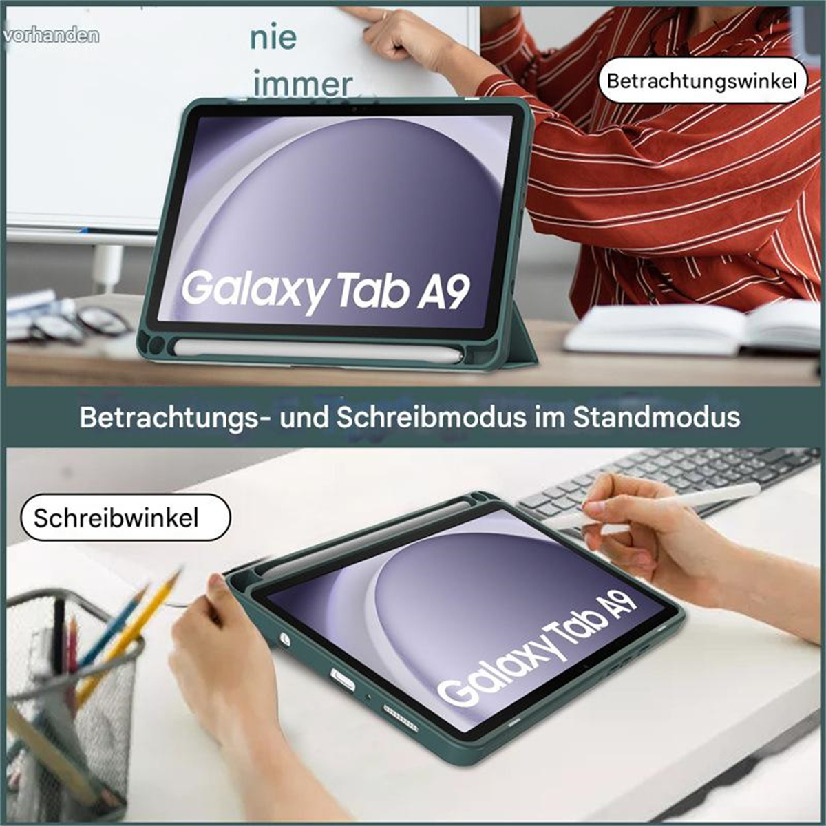 Tablet in grüner Hülle mit Text. Zwei Bilder zeigen die unterschiedliche Nutzung des Tablets.