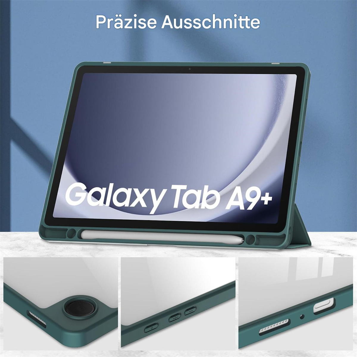 Grüne Tablethülle mit Tablet. Nahaufnahmen von Gehäuseelementen. Blauer Hintergrund.