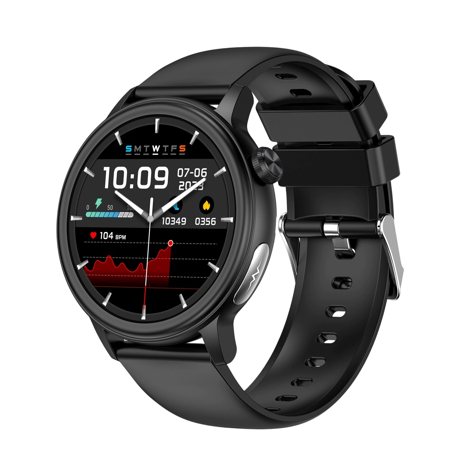Schwarze Smartwatch mit rundem Zifferblatt, das Zeit und Gesundheitsmetriken anzeigt. Schwarzes Armband. Weißer Hintergrund.