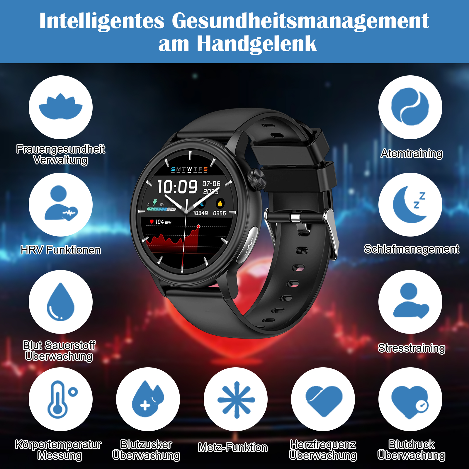 Schwarze Smartwatch, die Gesundheitsdaten anzeigt. Symbole für verschiedene Gesundheitsmetriken umgeben das Zifferblatt.