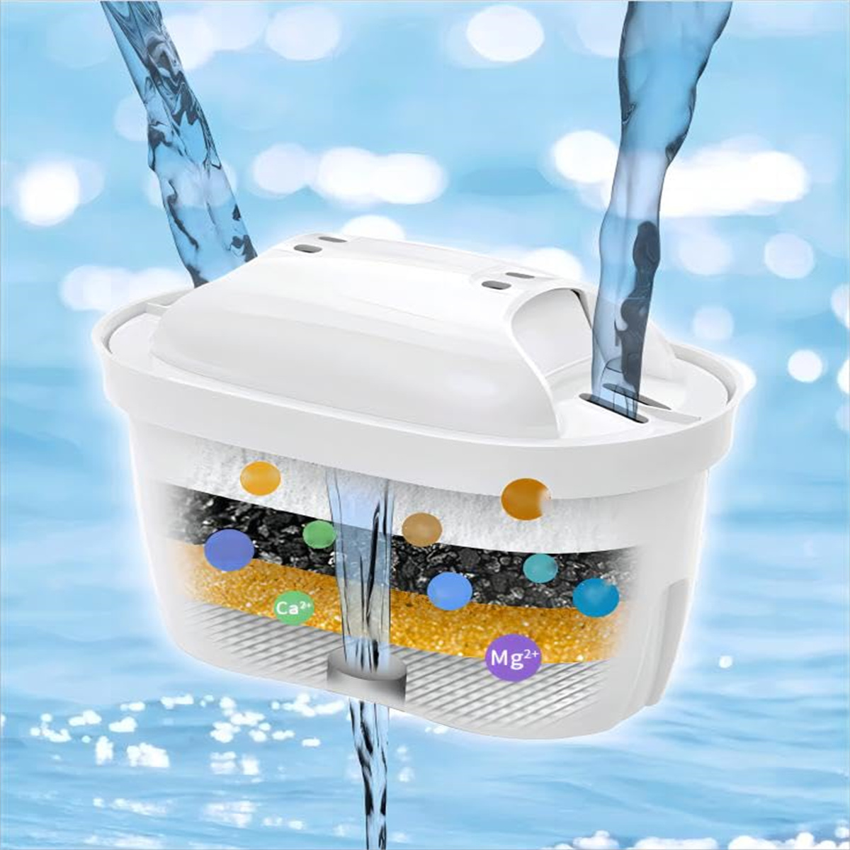 Wasserfilter mit Filterebenen, Wasserströme fließen hindurch. Farbige Details.