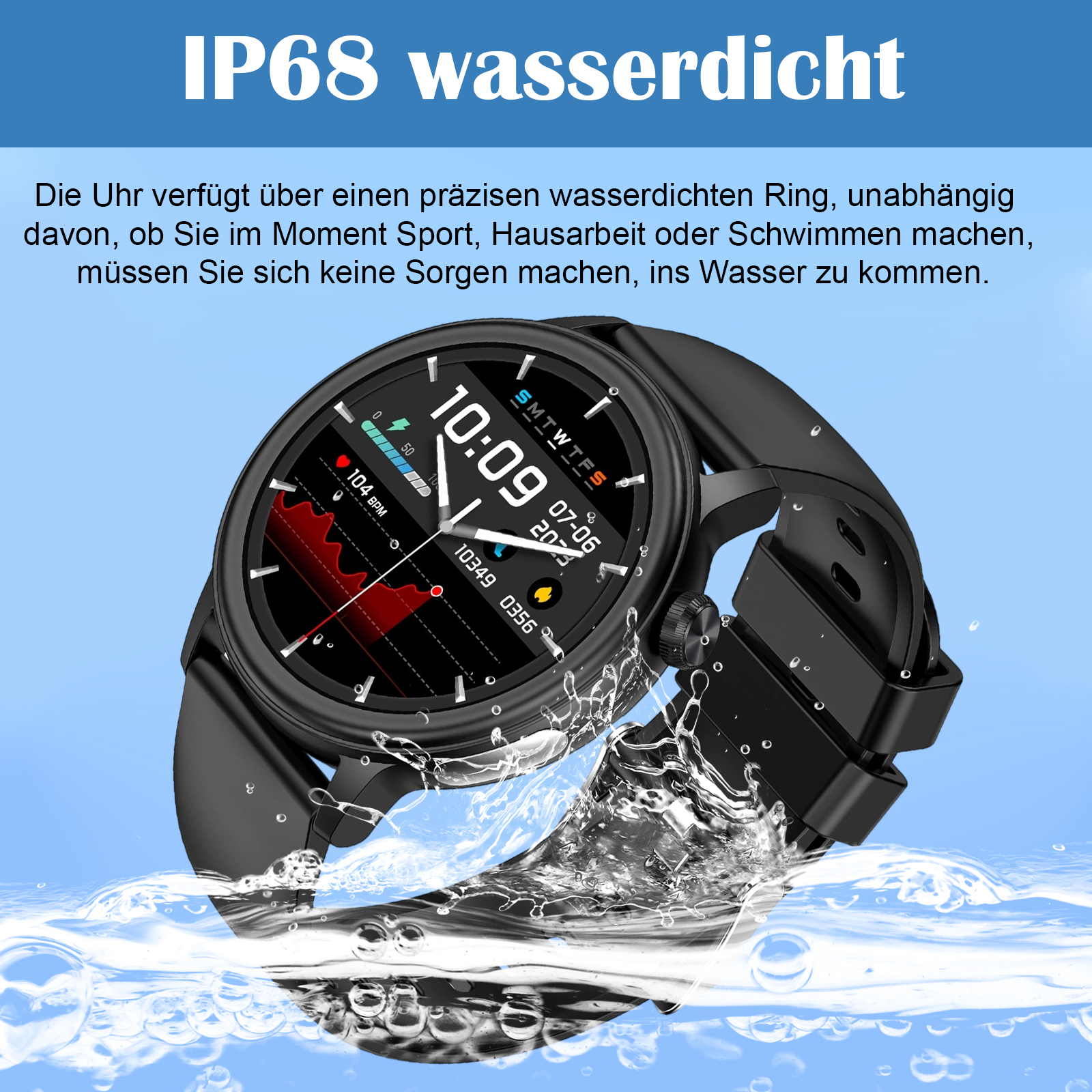 Schwarze Smartwatch unter Wasser. Wasser spritzt um die Uhr, weißer Hintergrund.