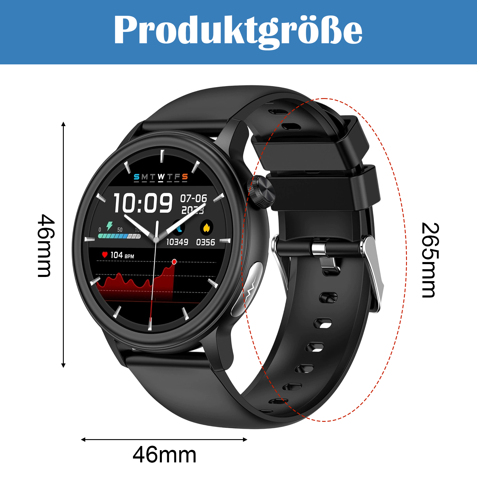 Schwarze Smartwatch mit rundem Bildschirm, der Zeit und Gesundheitsmetriken anzeigt, mit schwarzem Armband. Abmessungen gezeigt.