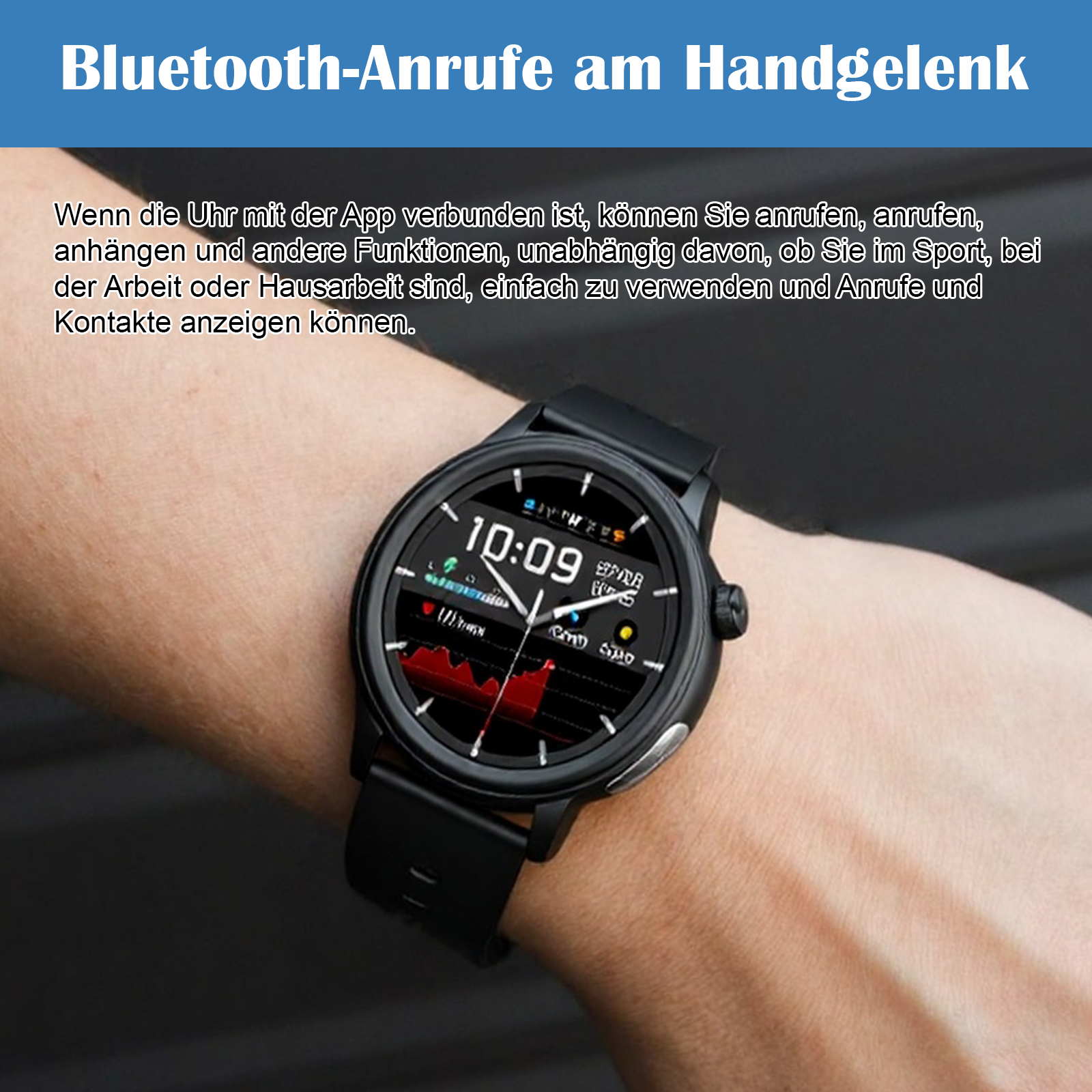 Person trägt Smartwatch am Handgelenk. Die Uhr zeigt Zeit und andere Informationen an.