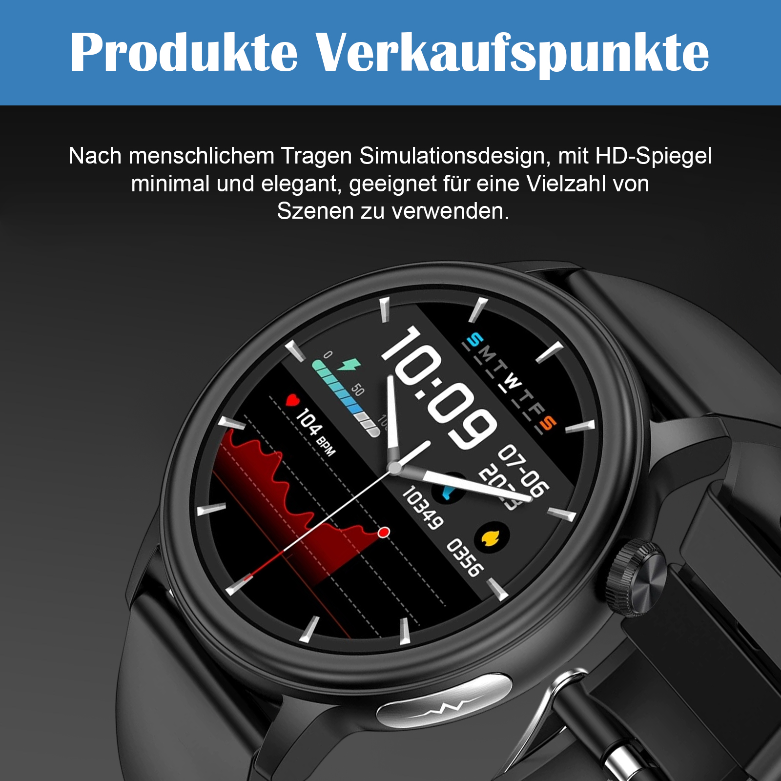 Nahaufnahme einer schwarzen Smartwatch mit rundem Bildschirm, der Zeit und Gesundheitsmetriken anzeigt.