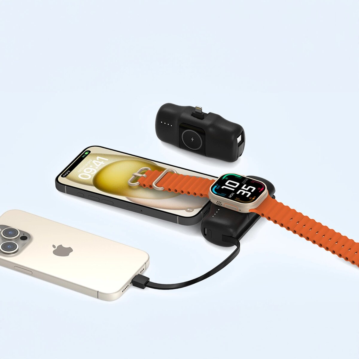 Telefon, zegarek i ładowarka na białej powierzchni. Zegarek ma pomarańczowy pasek. Ładowarka jest czarna.