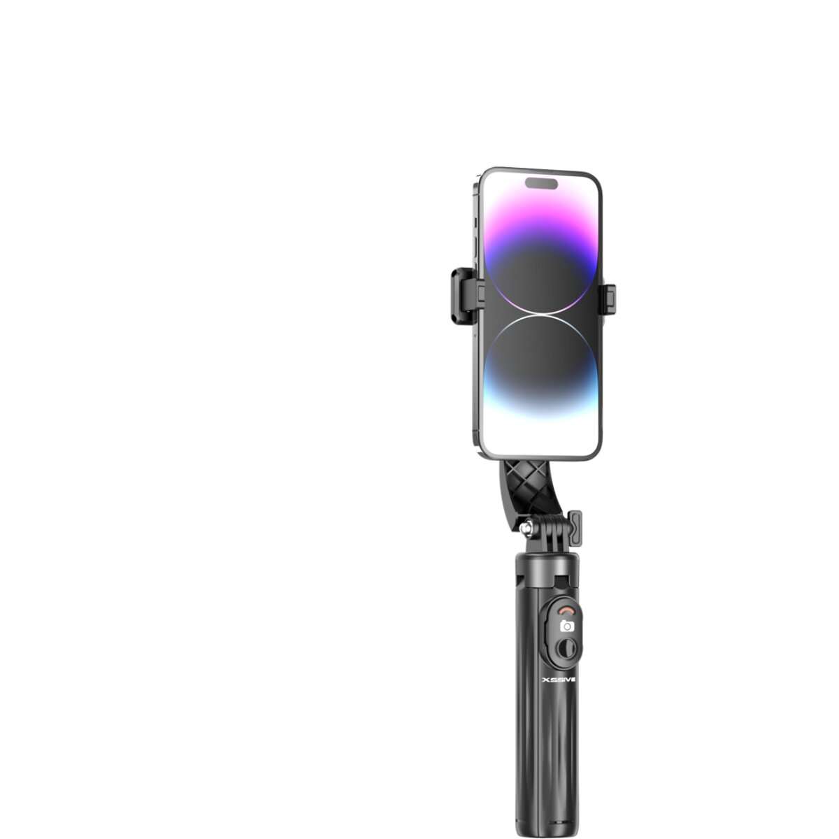 Schwarzer Selfie-Stick mit einem Telefon. Das Telefon ist vertikal montiert. Weißer Hintergrund.