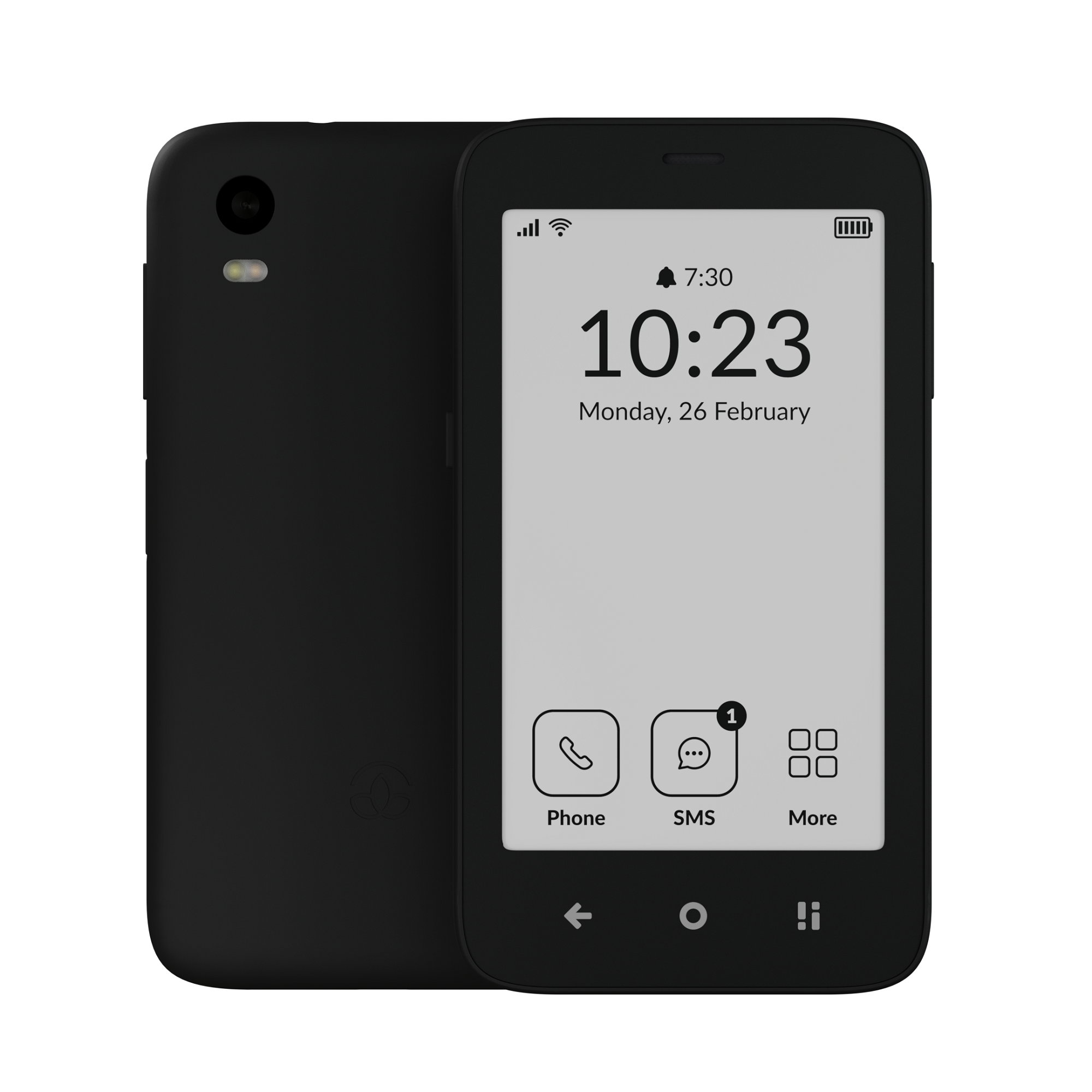 Schwarzes Smartphone mit Uhrzeit, Datum und Symbolen für Telefon, SMS und mehr. Weißer Hintergrund.