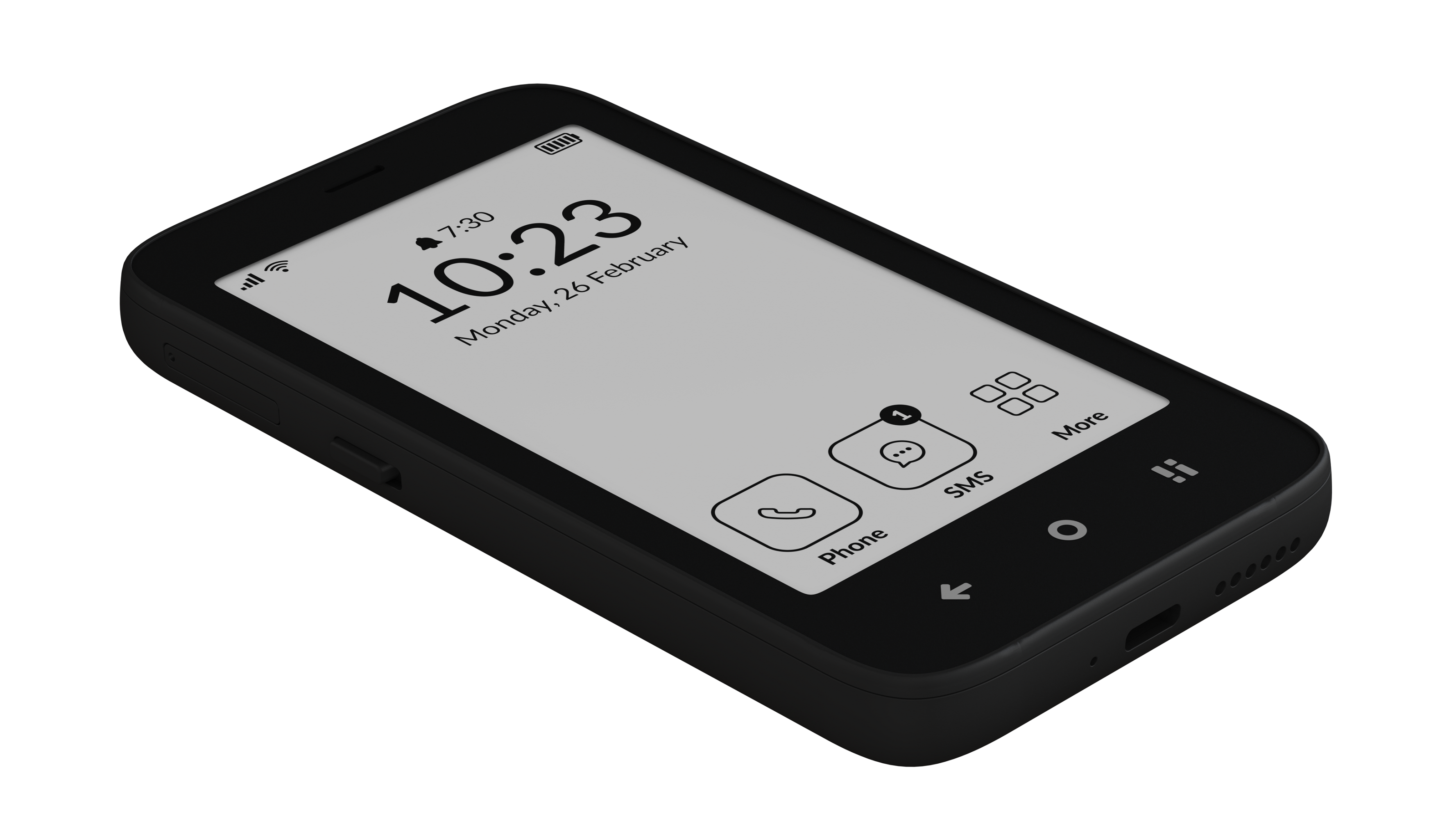 Schwarzes Smartphone mit Uhrzeit, Datum und Symbolen für Telefon, SMS und mehr. Weißer Hintergrund.