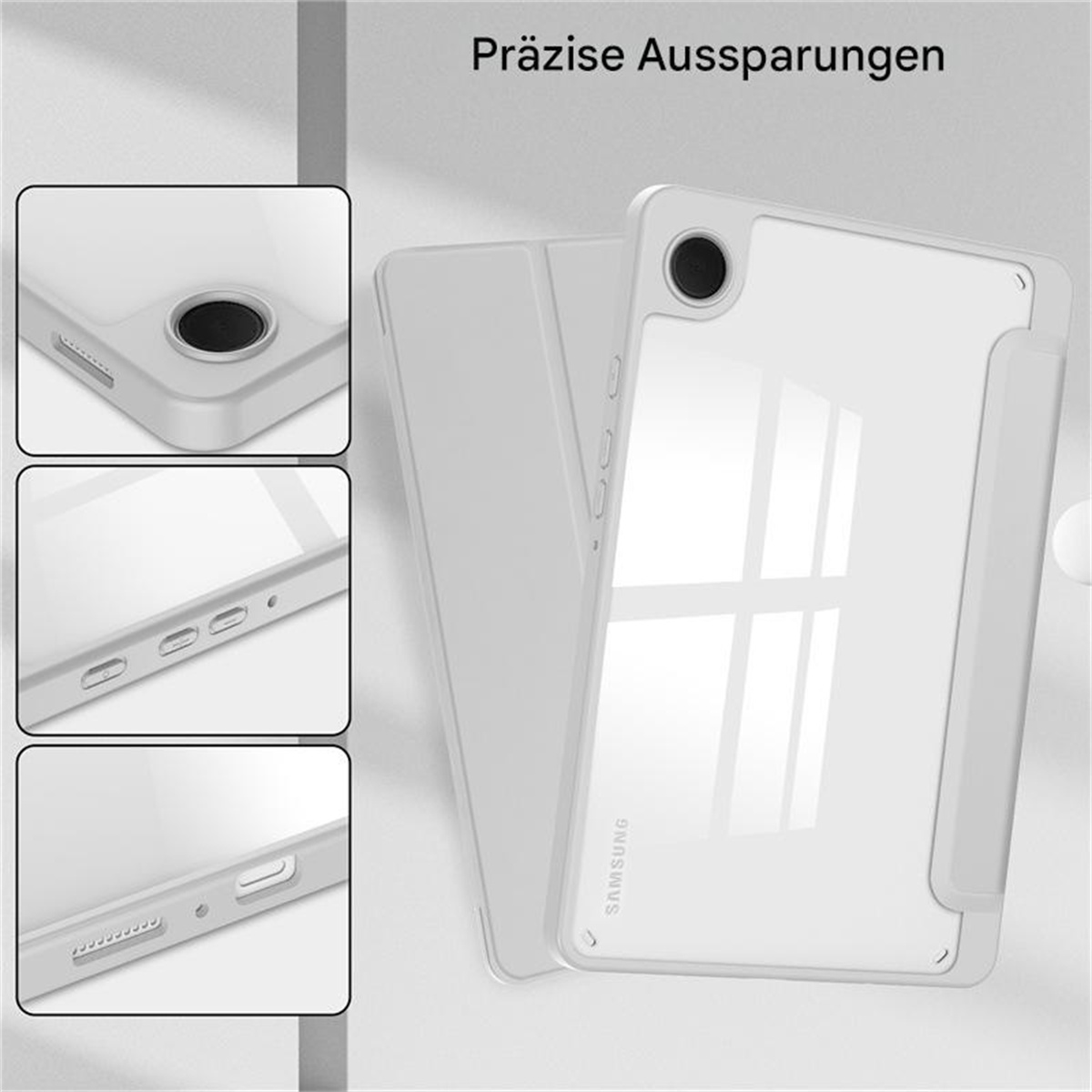 Weiße Tablet-Hülle mit Nahansichten. Details des Designs werden gezeigt. Samsung-Logo sichtbar.