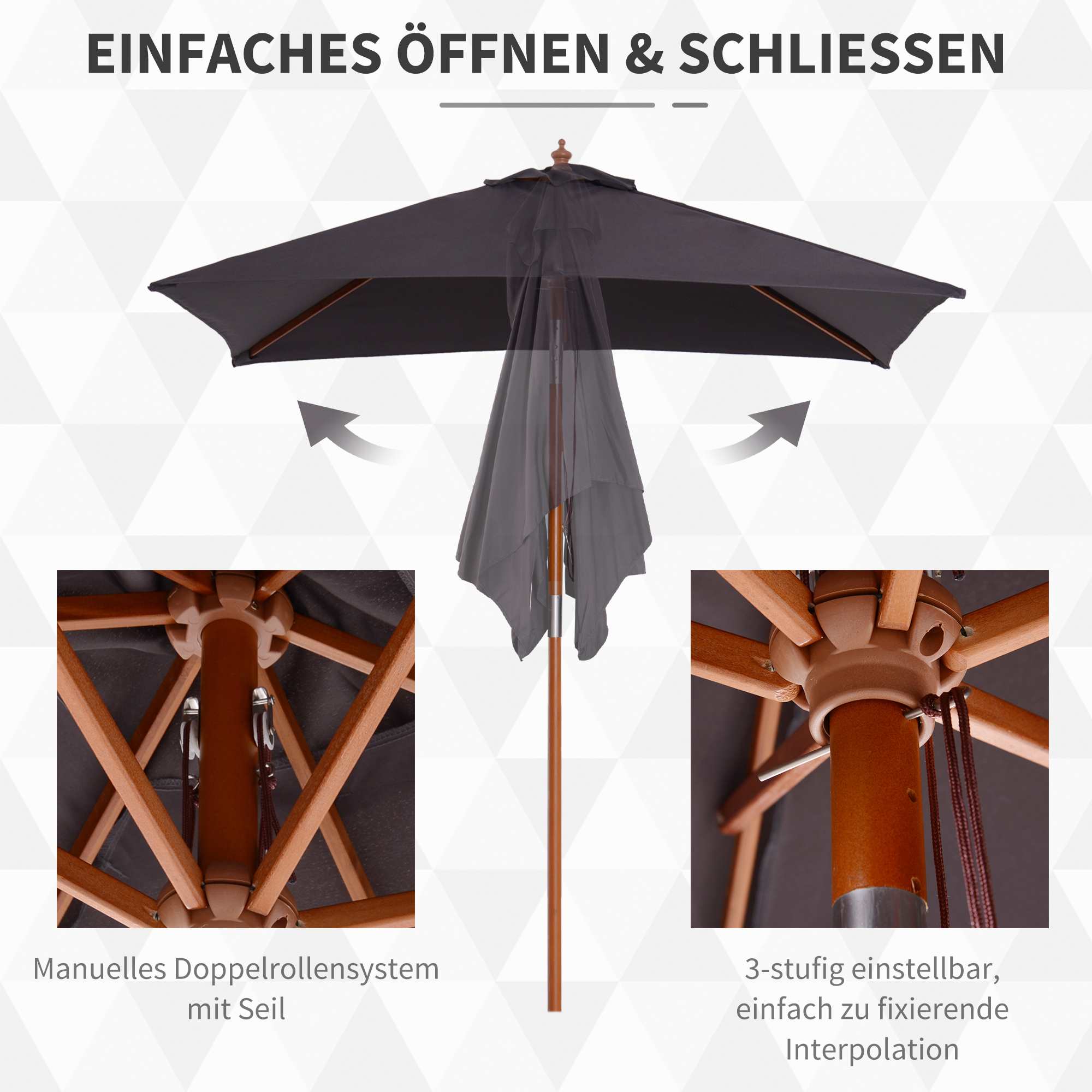 Ein offener schwarzer Schirm mit Holzrahmen und Detailaufnahmen des Mechanismus.
