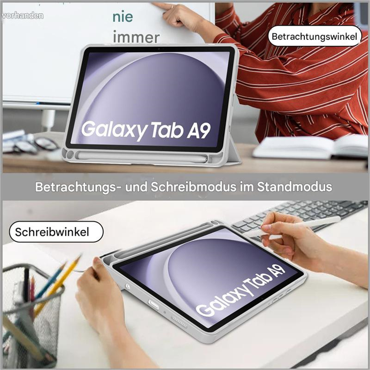 Zwei Bilder, die ein Tablet mit Stift im Querformat mit Textbeschriftungen zeigen.