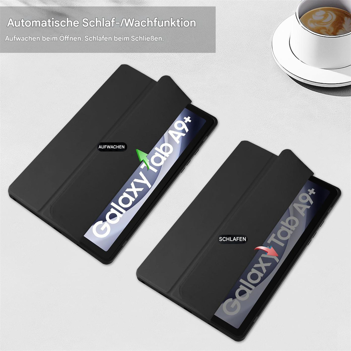 Zwei offene schwarze Tablet-Hüllen, eine mit der Aufschrift 'Galaxy Tab A9+'. Eine Tasse im Hintergrund.