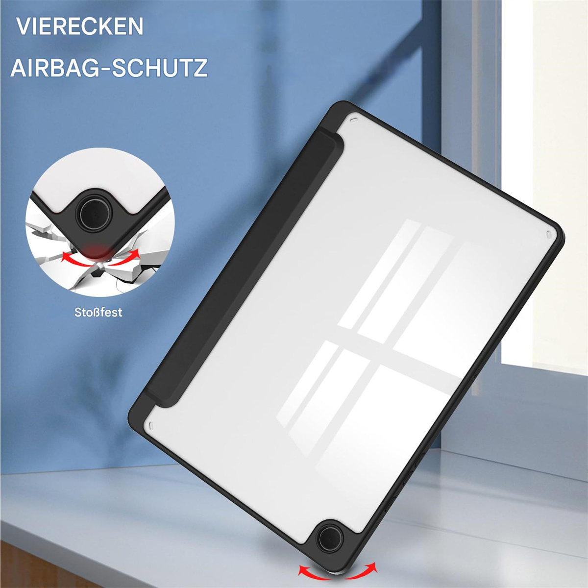 Tablet-Hülle mit Tablet, zeigt Eckenschutz und die Rückseite mit der Taste.