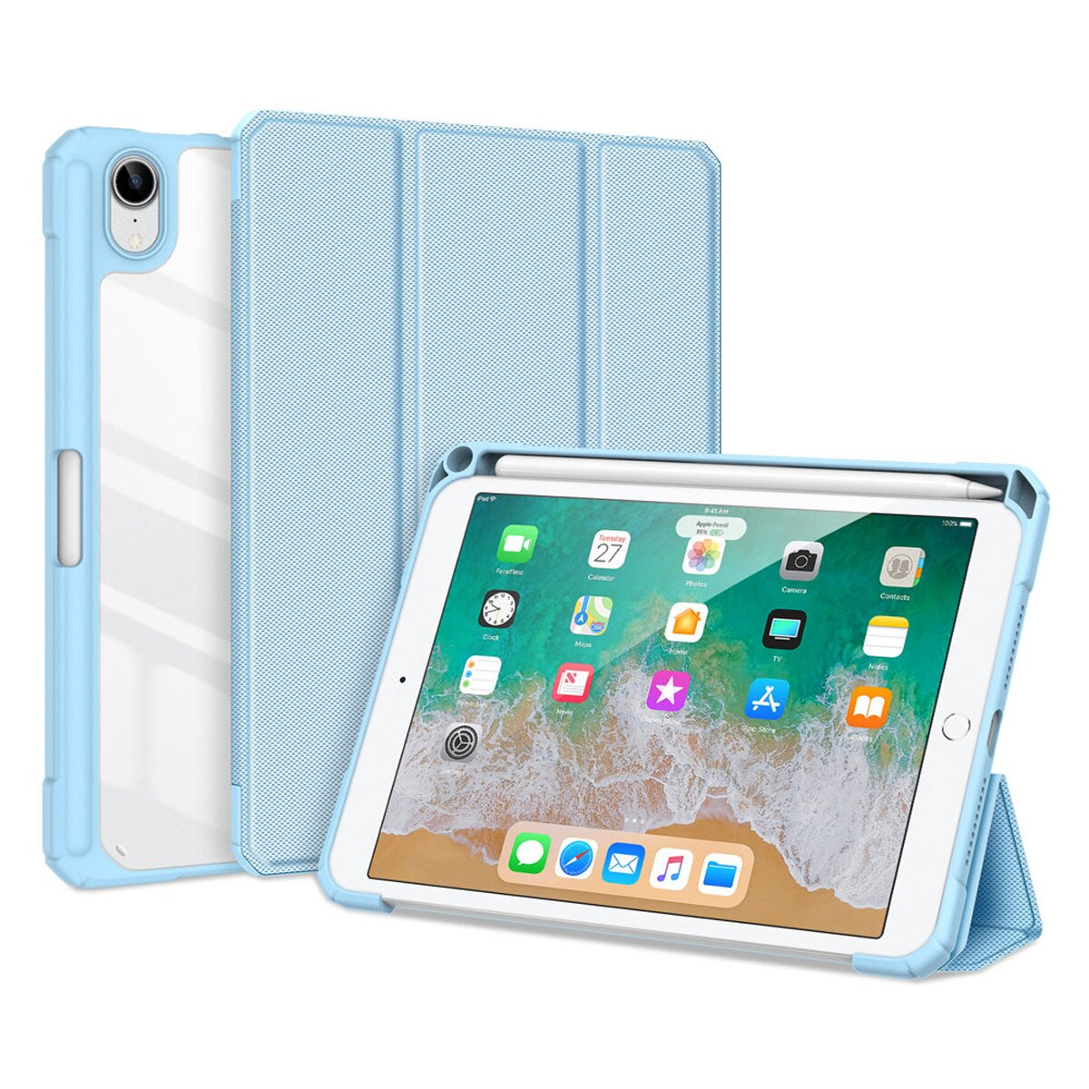 Una custodia per tablet azzurra che tiene un tablet, con uno schermo bianco e una penna.