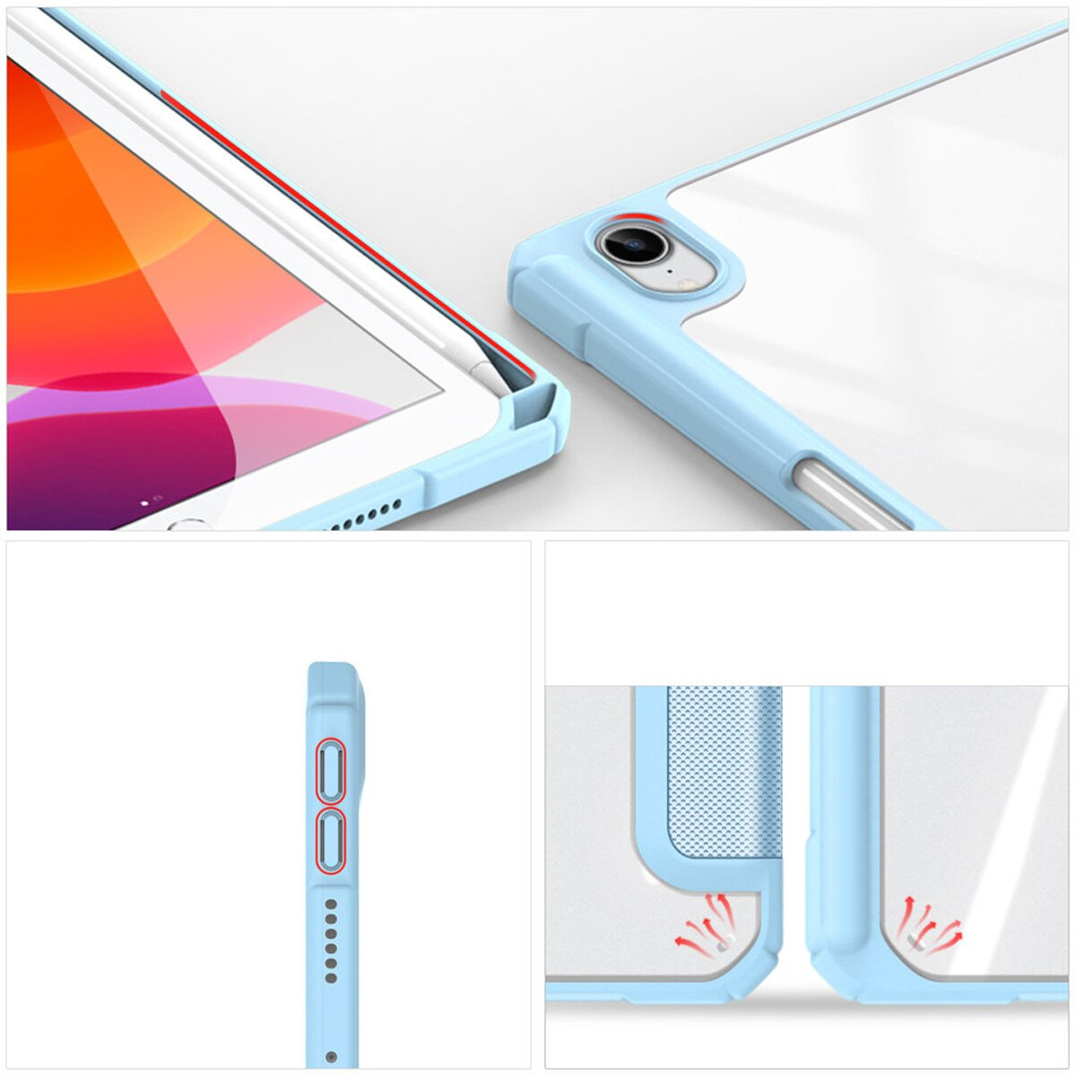 Primo piano di una custodia blu per tablet, che mostra bordi, pulsanti e una penna.