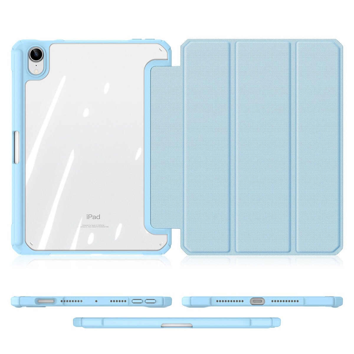 Custodia blu per tablet con retro trasparente e copertura. Viste multiple della custodia.