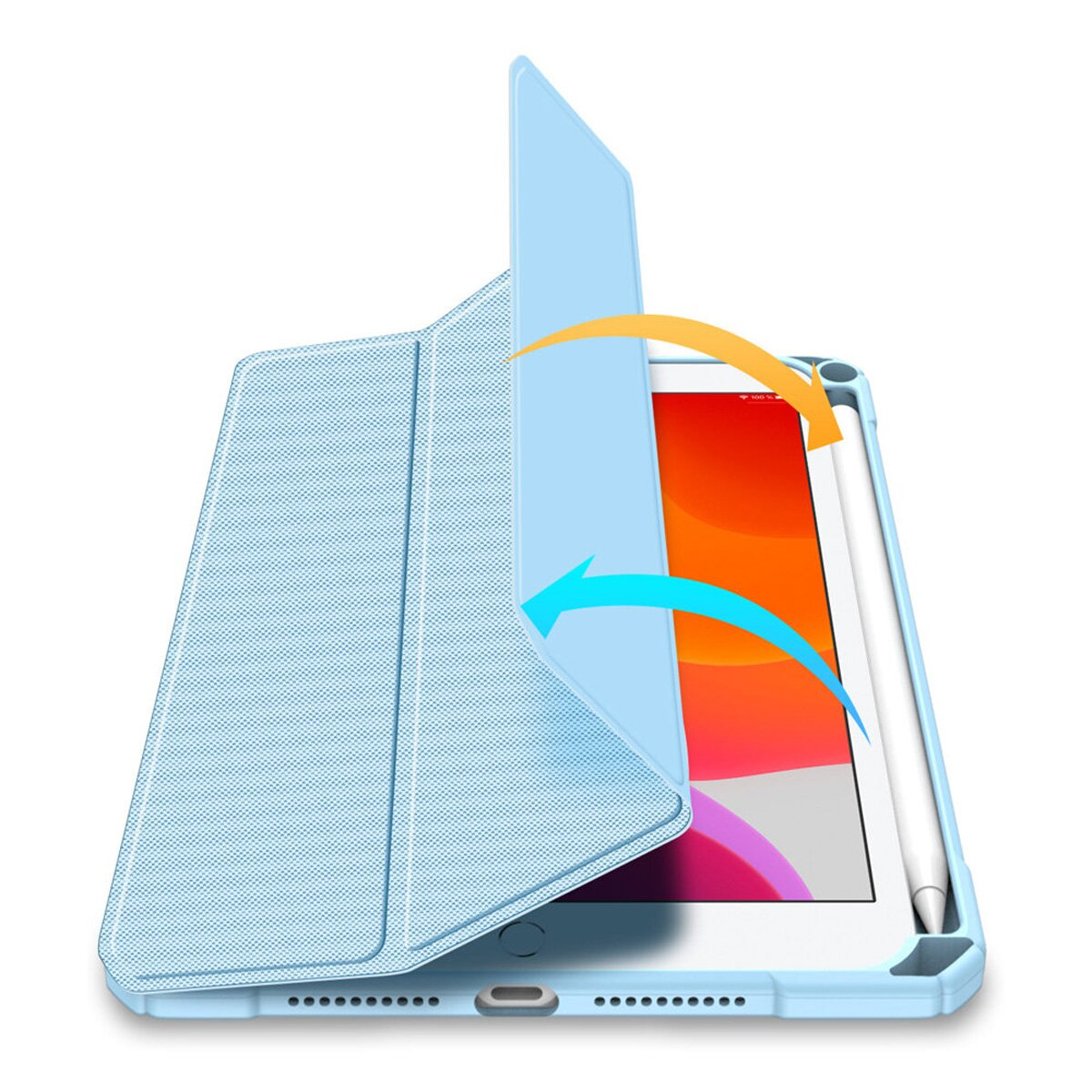 Tablet con custodia blu aperta. Le frecce mostrano l'apertura e la chiusura della custodia.
