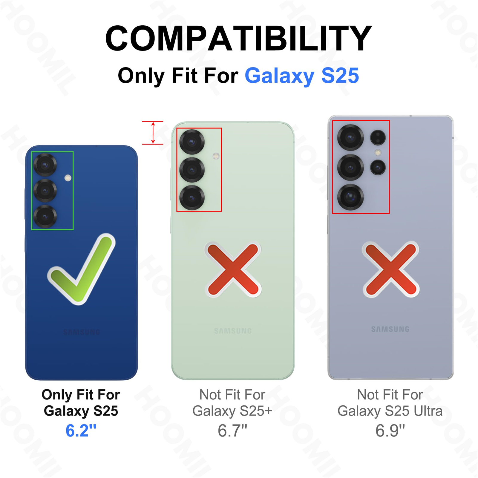 Diagramm von Handyhüllen. Zeigt, welche Hüllen für Galaxy S25, S25+ und S25 Ultra passen.