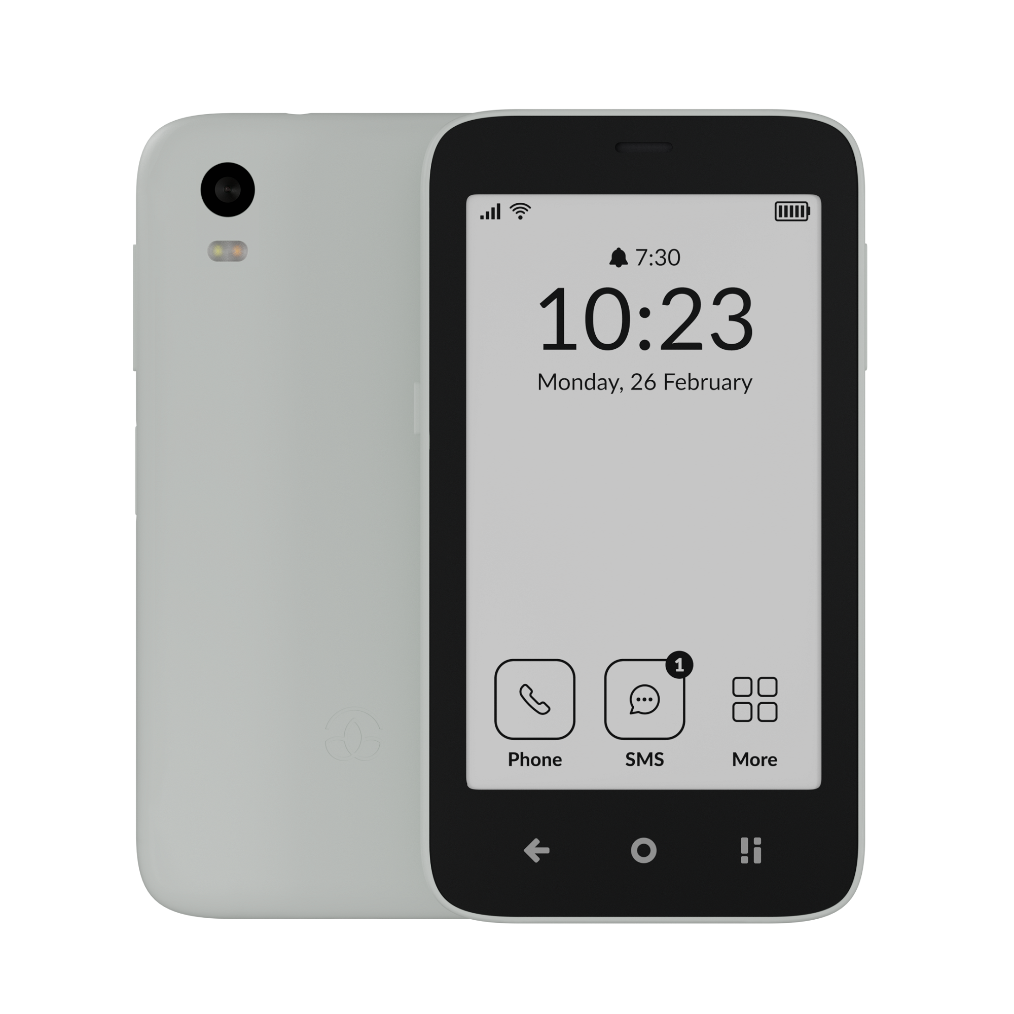 Ein hellgraues Smartphone mit schwarzem Bildschirm. Das Telefon hat zwei Rückkameras.