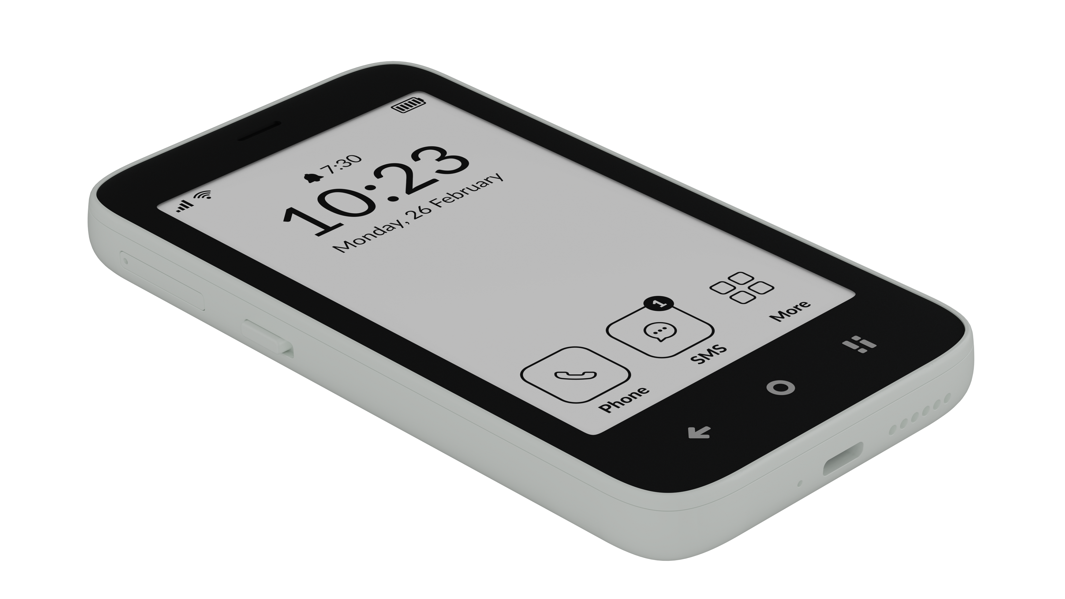 Ein weißes Smartphone mit schwarzem Bildschirm, der 10:23 anzeigt, mit Symbolen und weißem Rahmen.